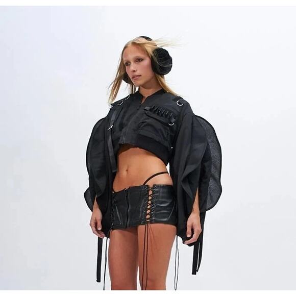 Namila Vulva Sleeve Crop Bomber Jacket Tactical Design Grunge Emo Size Large - Picture 2 of 15